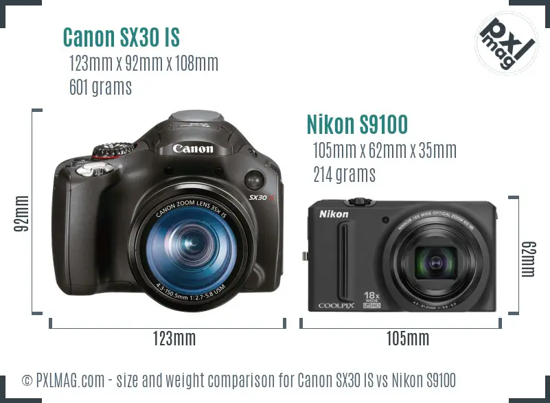 Canon SX30 IS vs Nikon S9100 size comparison