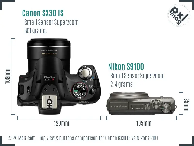 Canon SX30 IS vs Nikon S9100 top view buttons comparison