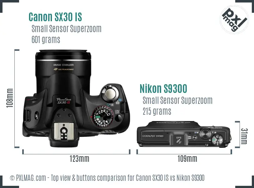 Canon SX30 IS vs Nikon S9300 top view buttons comparison