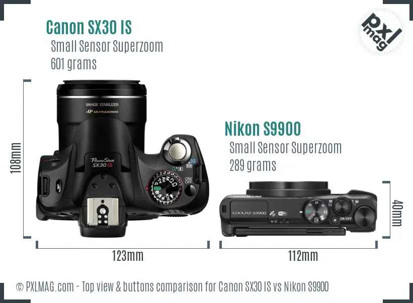 Canon SX30 IS vs Nikon S9900 top view buttons comparison