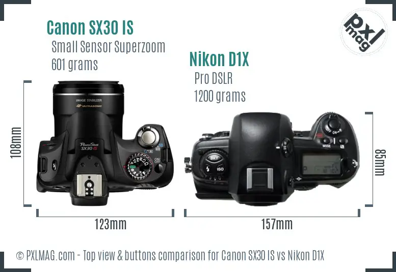 Canon SX30 IS vs Nikon D1X top view buttons comparison