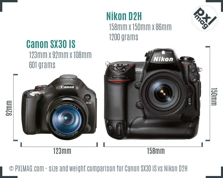 Canon SX30 IS vs Nikon D2H size comparison