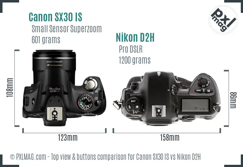 Canon SX30 IS vs Nikon D2H top view buttons comparison