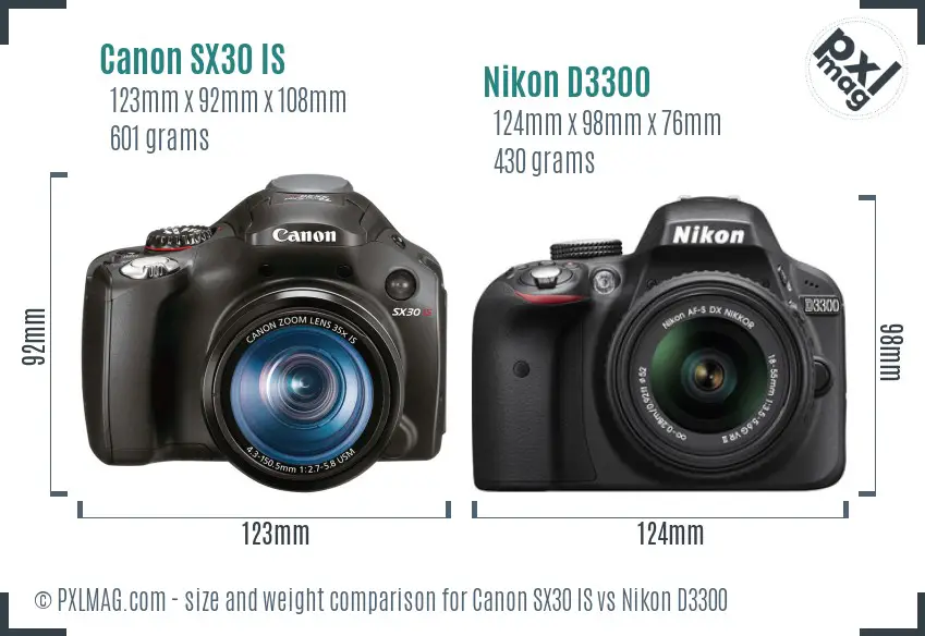 Canon SX30 IS vs Nikon D3300 size comparison Canon SX30 IS vs Nikon D3300 size comparison