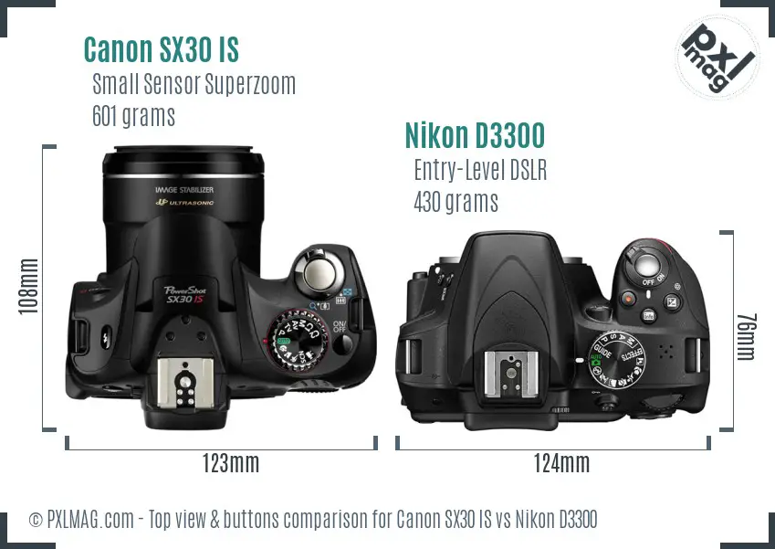 Canon SX30 IS vs Nikon D3300 top view buttons comparison Canon SX30 IS vs Nikon D3300 top view buttons comparison