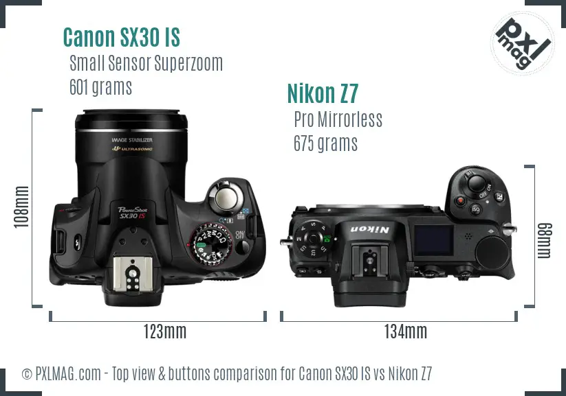 Canon SX30 IS vs Nikon Z7 top view buttons comparison