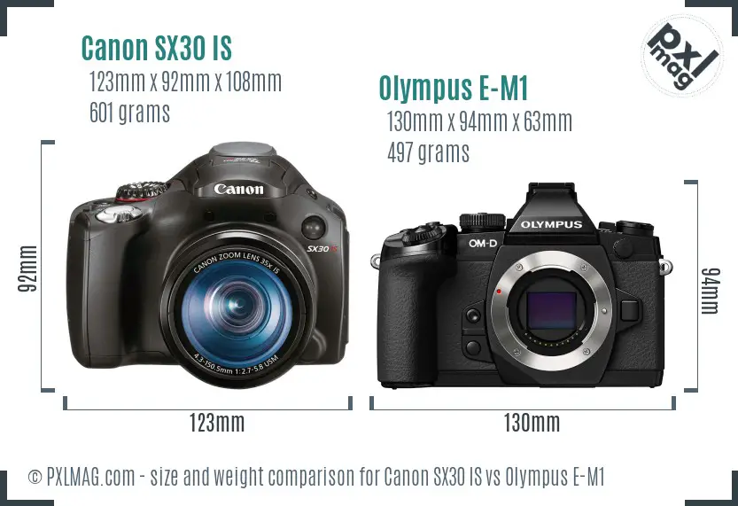 Canon SX30 IS vs Olympus E-M1 size comparison