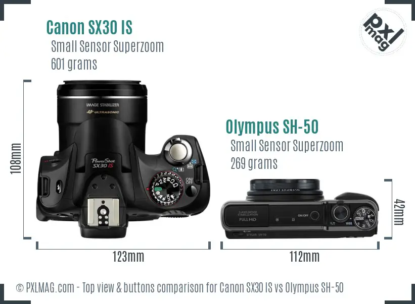 Canon SX30 IS vs Olympus SH-50 top view buttons comparison