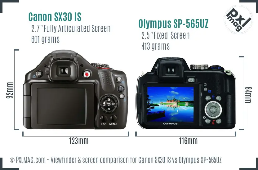 Canon SX30 IS vs Olympus SP-565UZ Screen and Viewfinder comparison