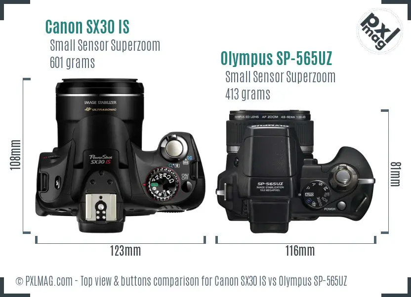Canon SX30 IS vs Olympus SP-565UZ top view buttons comparison