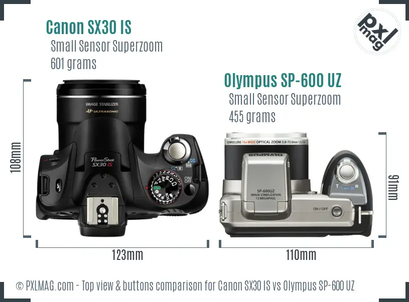 Canon SX30 IS vs Olympus SP-600 UZ top view buttons comparison