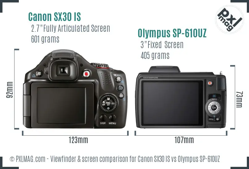 Canon SX30 IS vs Olympus SP-610UZ Screen and Viewfinder comparison