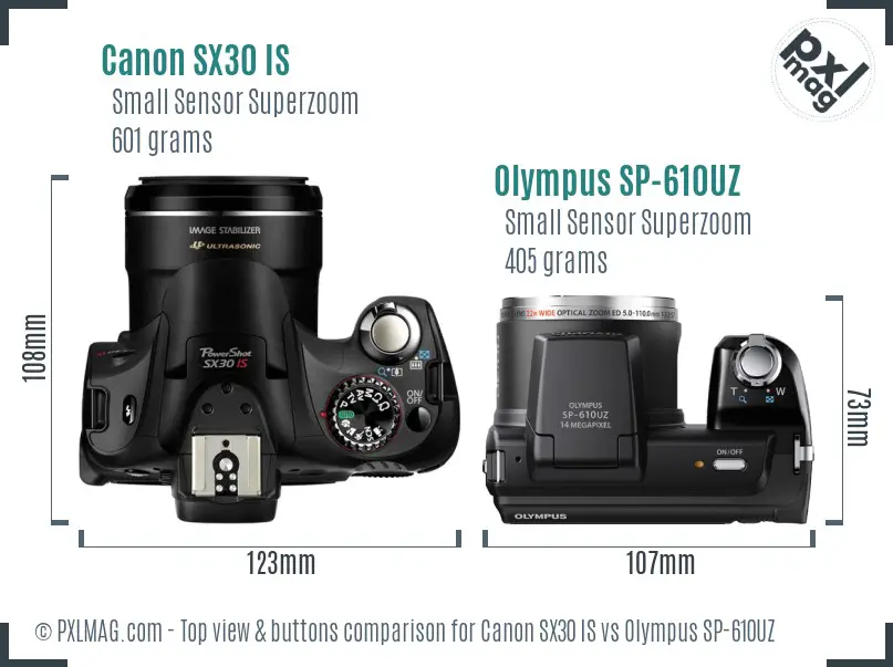 Canon SX30 IS vs Olympus SP-610UZ top view buttons comparison