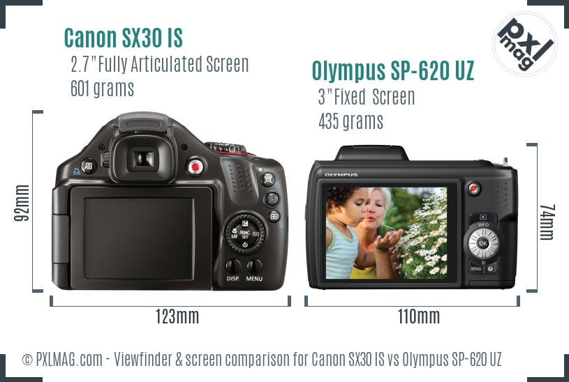 Canon SX30 IS vs Olympus SP-620 UZ Screen and Viewfinder comparison
