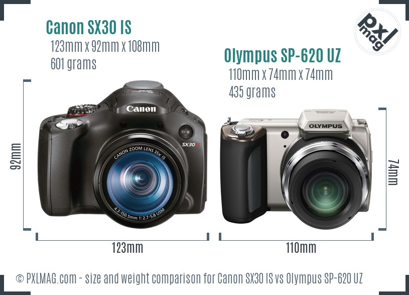 Canon SX30 IS vs Olympus SP-620 UZ size comparison Canon SX30 IS vs Olympus SP-620 UZ size comparison