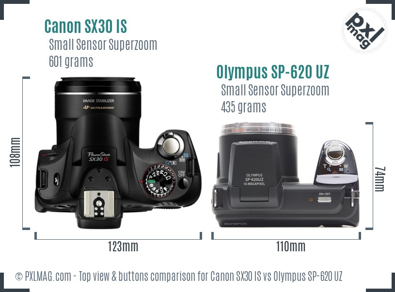 Canon SX30 IS vs Olympus SP-620 UZ top view buttons comparison