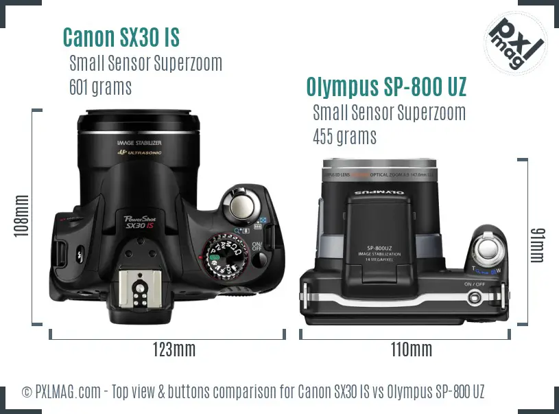 Canon SX30 IS vs Olympus SP-800 UZ top view buttons comparison