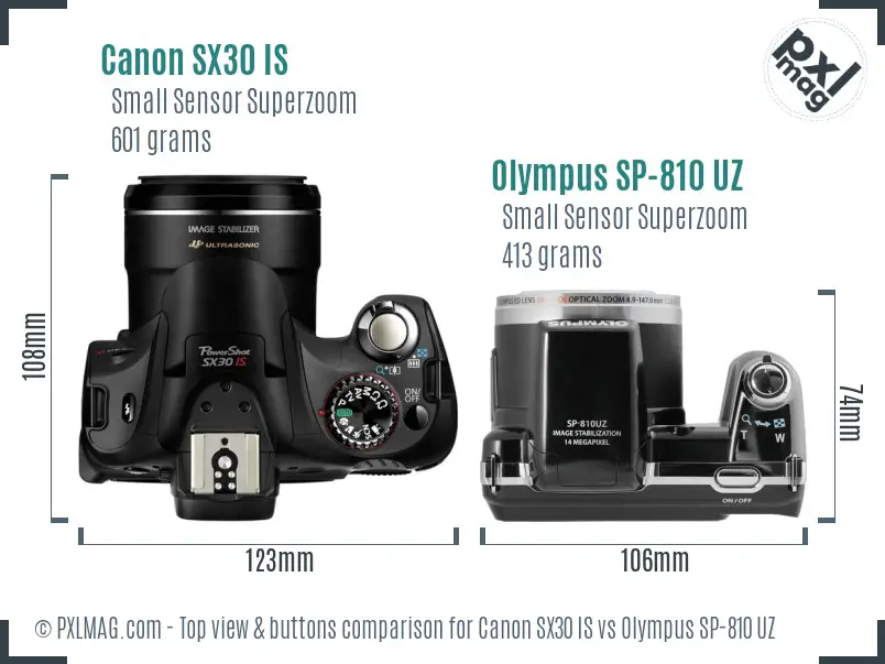 Canon SX30 IS vs Olympus SP-810 UZ top view buttons comparison Canon SX30 IS vs Olympus SP-810 UZ top view buttons comparison