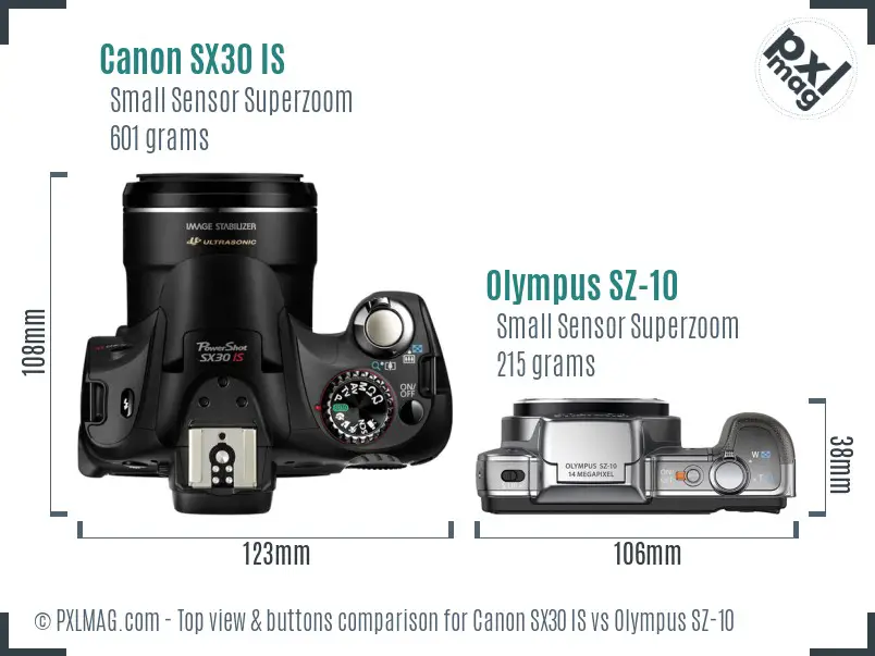 Canon SX30 IS vs Olympus SZ-10 top view buttons comparison Canon SX30 IS vs Olympus SZ-10 top view buttons comparison