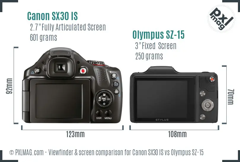 Canon SX30 IS vs Olympus SZ-15 Screen and Viewfinder comparison