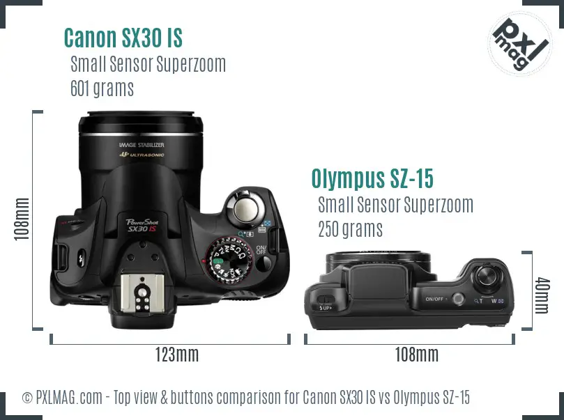 Canon SX30 IS vs Olympus SZ-15 top view buttons comparison