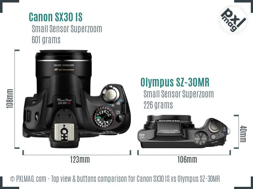 Canon SX30 IS vs Olympus SZ-30MR top view buttons comparison