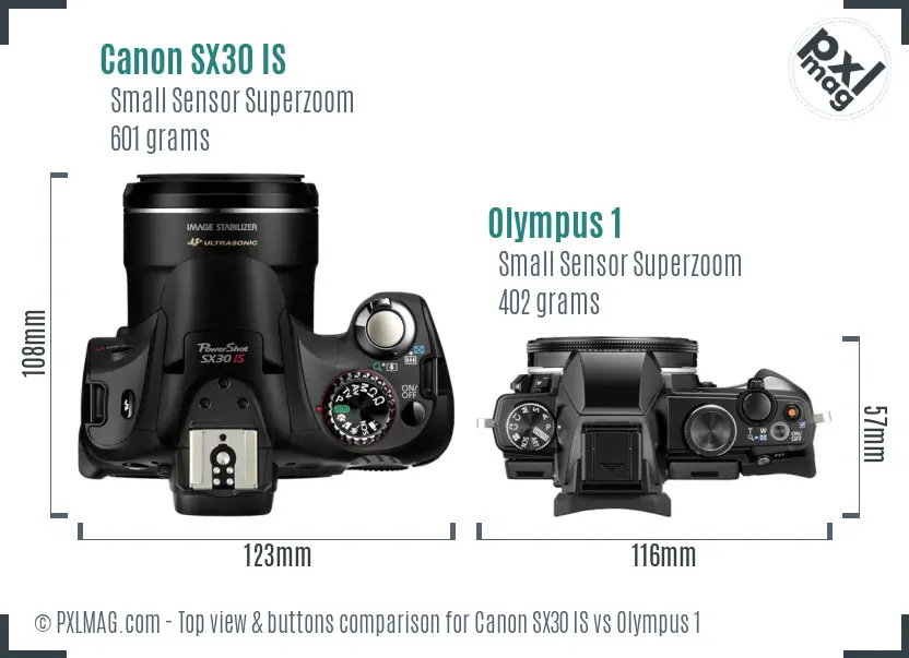 Canon SX30 IS vs Olympus 1 top view buttons comparison