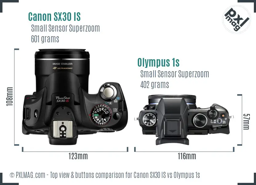 Canon SX30 IS vs Olympus 1s top view buttons comparison