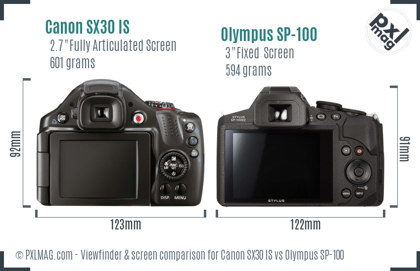 Canon SX30 IS vs Olympus SP-100 Screen and Viewfinder comparison