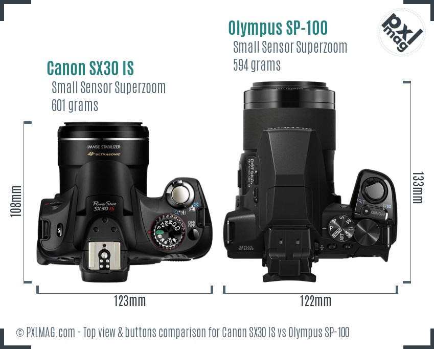 Canon SX30 IS vs Olympus SP-100 top view buttons comparison