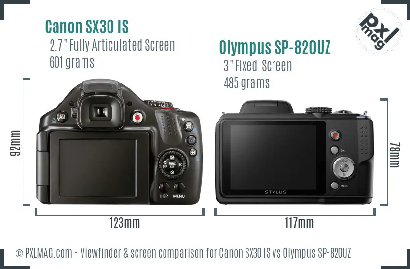 Canon SX30 IS vs Olympus SP-820UZ Screen and Viewfinder comparison