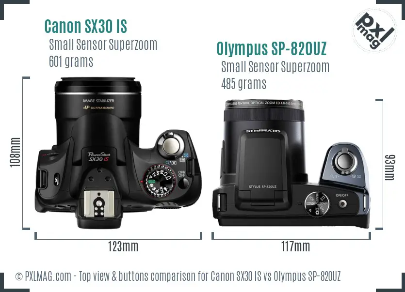 Canon SX30 IS vs Olympus SP-820UZ top view buttons comparison