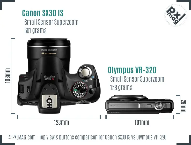 Canon SX30 IS vs Olympus VR-320 top view buttons comparison