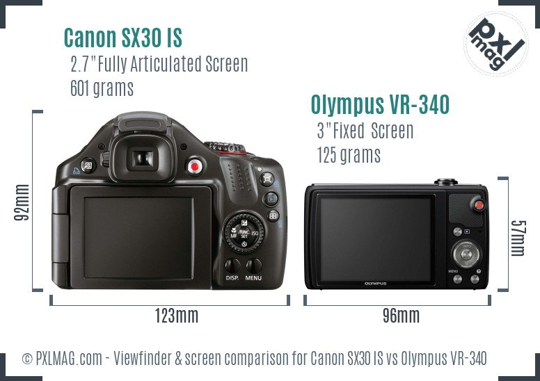 Canon SX30 IS vs Olympus VR-340 Screen and Viewfinder comparison