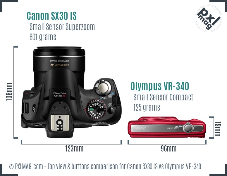 Canon SX30 IS vs Olympus VR-340 top view buttons comparison