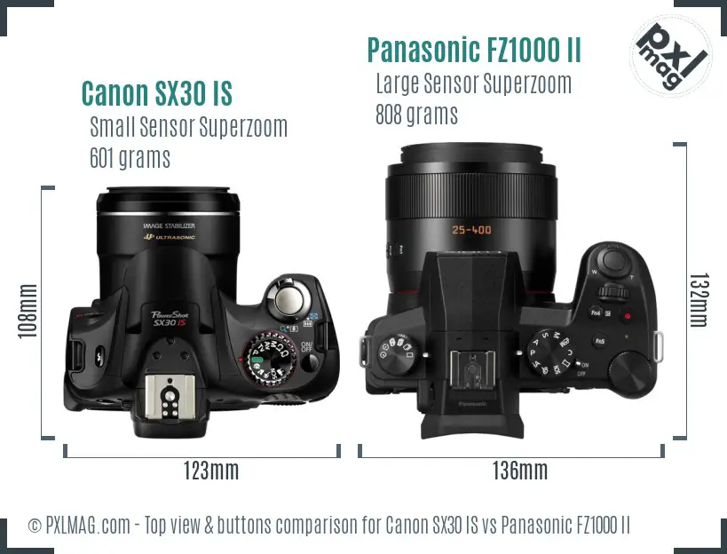 Canon SX30 IS vs Panasonic FZ1000 II top view buttons comparison