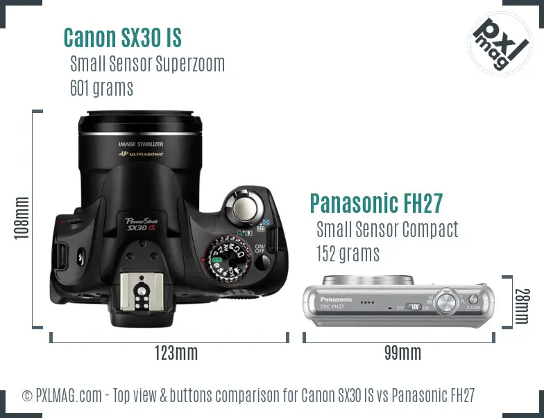 Canon SX30 IS vs Panasonic FH27 top view buttons comparison Canon SX30 IS vs Panasonic FH27 top view buttons comparison
