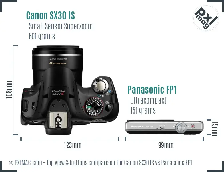 Canon SX30 IS vs Panasonic FP1 top view buttons comparison