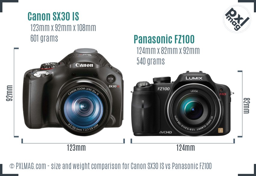 Canon SX30 IS vs Panasonic FZ100 size comparison Canon SX30 IS vs Panasonic FZ100 size comparison