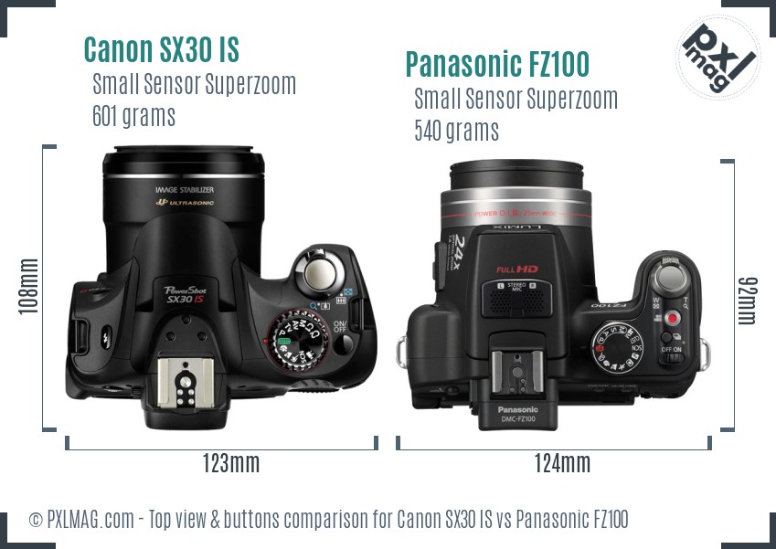 Canon SX30 IS vs Panasonic FZ100 top view buttons comparison