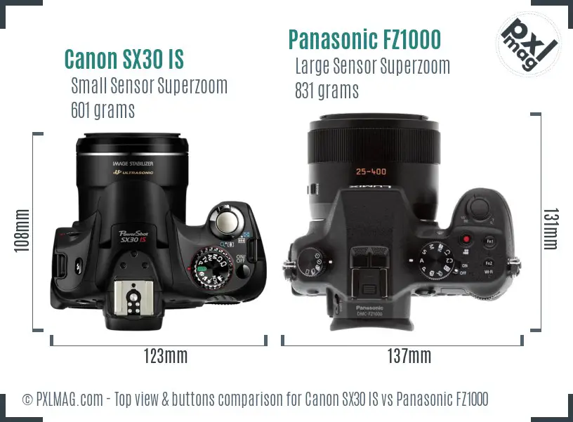 Canon SX30 IS vs Panasonic FZ1000 top view buttons comparison