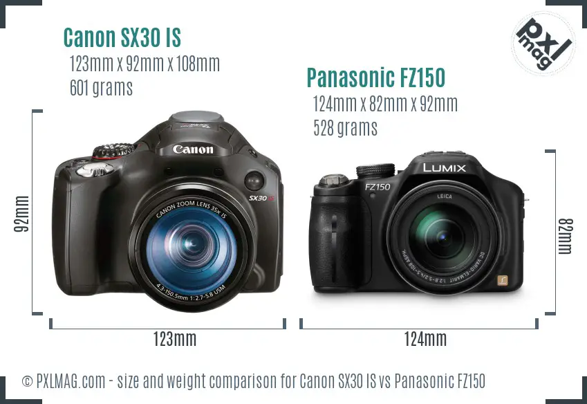 Canon SX30 IS vs Panasonic FZ150 size comparison Canon SX30 IS vs Panasonic FZ150 size comparison