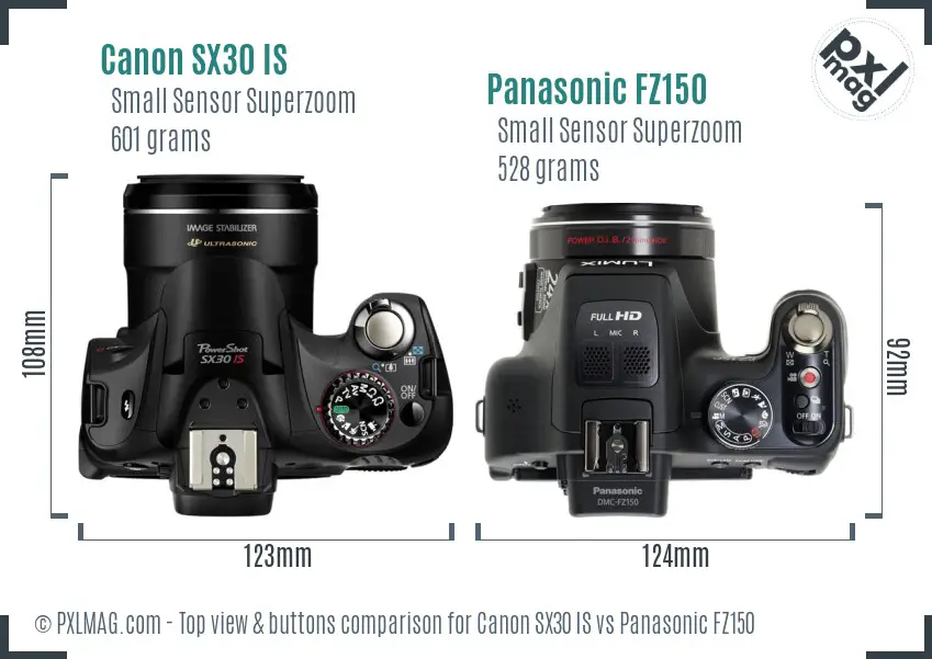 Canon SX30 IS vs Panasonic FZ150 top view buttons comparison