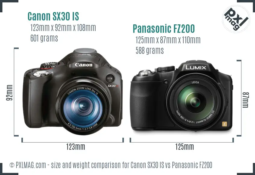 Canon SX30 IS vs Panasonic FZ200 size comparison