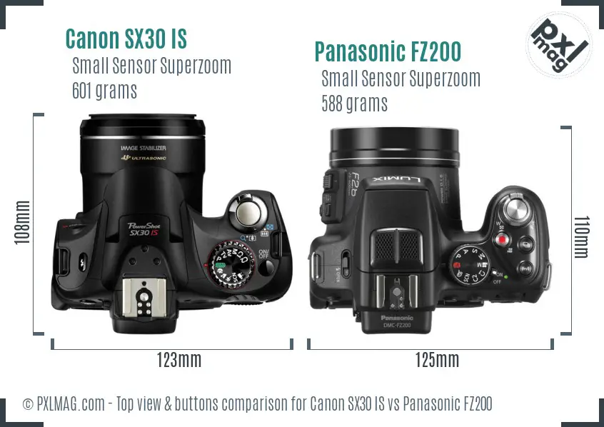 Canon SX30 IS vs Panasonic FZ200 top view buttons comparison
