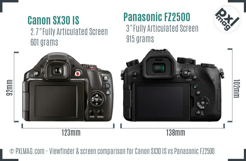 Canon SX30 IS vs Panasonic FZ2500 Screen and Viewfinder comparison