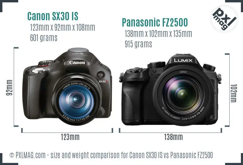 Canon SX30 IS vs Panasonic FZ2500 size comparison