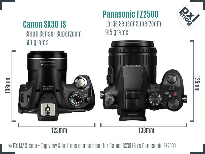 Canon SX30 IS vs Panasonic FZ2500 top view buttons comparison