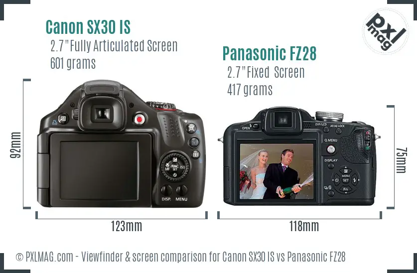 Canon SX30 IS vs Panasonic FZ28 Screen and Viewfinder comparison