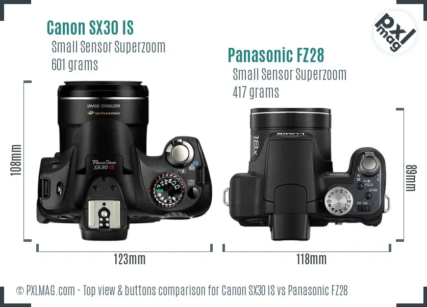 Canon SX30 IS vs Panasonic FZ28 top view buttons comparison
